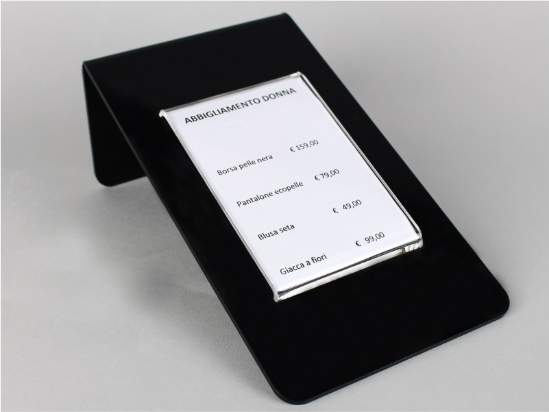 espositore porta prezzi, comunicazioni, avvisi plexiglass nero e  trasparente 11,5X20 cm - RBT Espositori