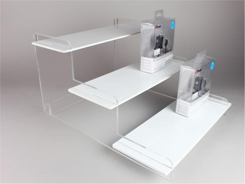 scaletta espositiva a 3 piani smontabile in plexiglass bianco