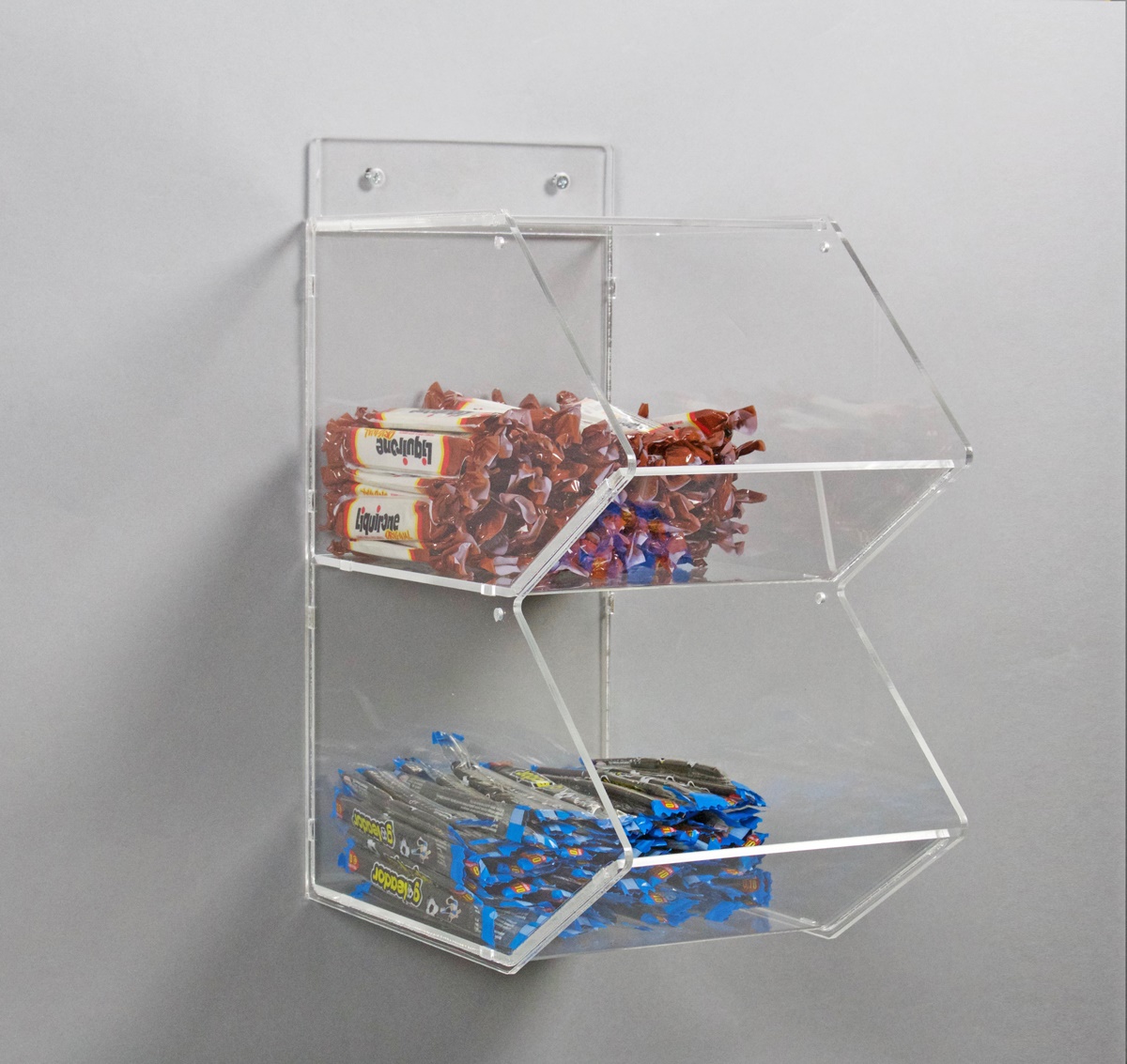 Espositore per caramelle confezionate a 2 piani da parete